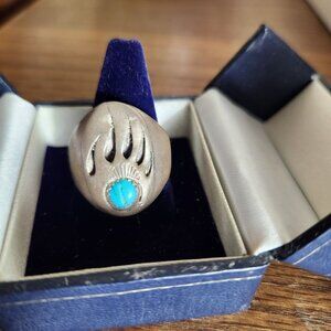 Vintage Navajo Old Pawn Sterling Silver Bear Claw Ring With Turquoise Stone Size